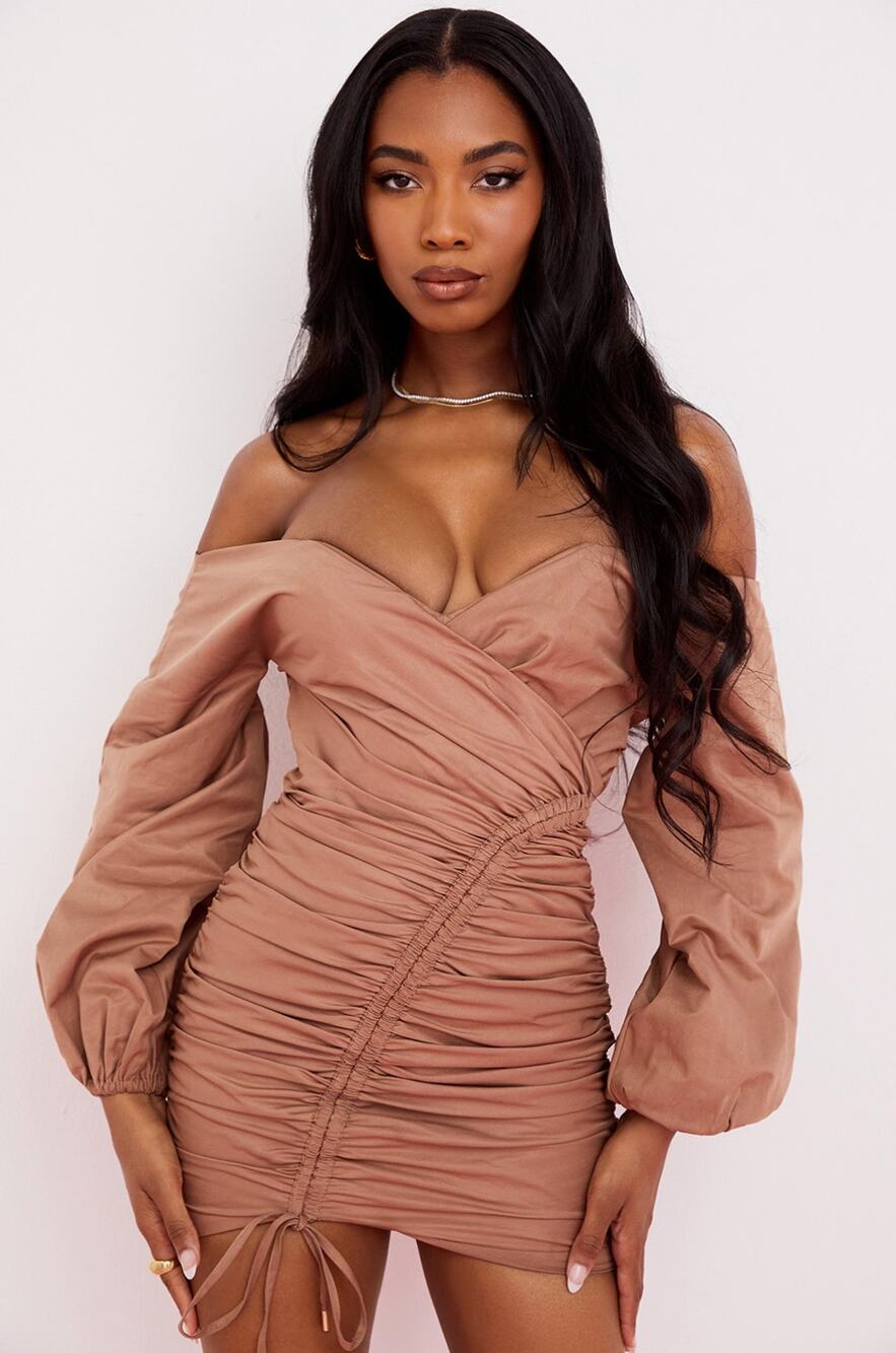 NWT House of CB Mocha Brown Indra Off Shoulder Ruched Dress Size Large